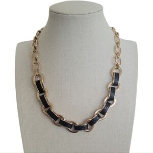 Anne Klein Mod Collar Gold Tone Black Leather Chunky Chain Necklace 16.5"-19.5"